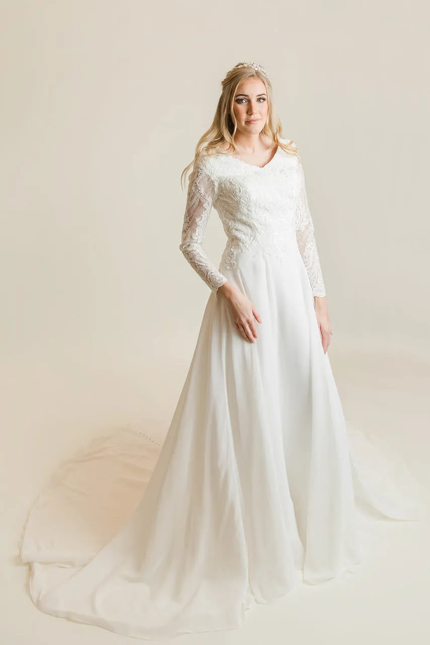 Ivory A-Line Modest Wedding Dress with Long Illusion Lace Sleeves, V-Neck, Covered Button Back, Chiffon Court Train Bridal Gown from Dhgate A-Line Wedding Dresses - price 125.35 Ivory A-Line Modest Wedding Dress with Long Illusion Lace Sleeves, V-Neck, Covered Button Back, Chiffon Court Train Bridal Gown from Dhgate A-Line Wedding Dresses - price 125.35