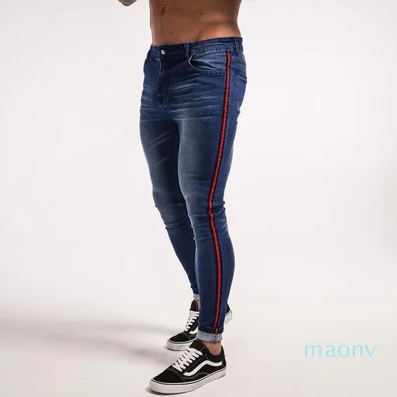 Partihandel-Mens Spring Hiphop Street Jeans Striped Black Blue Zipper Design Jean Byxor Skinny Trousers Ye08