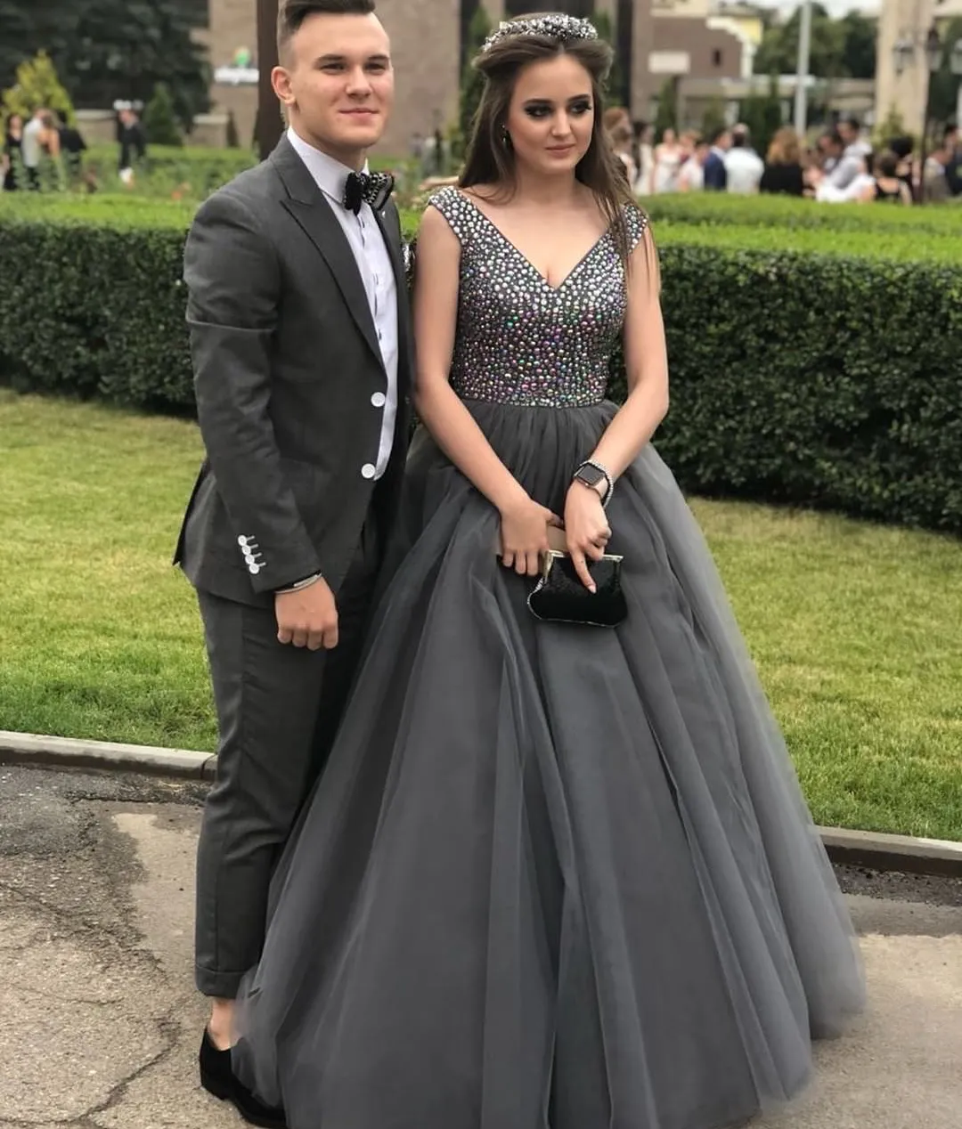 Beaded V Neck Tulle Prom Evening Dresses Long Custom Party Formal Gowns vestidos de fiesta largos Ball Gown