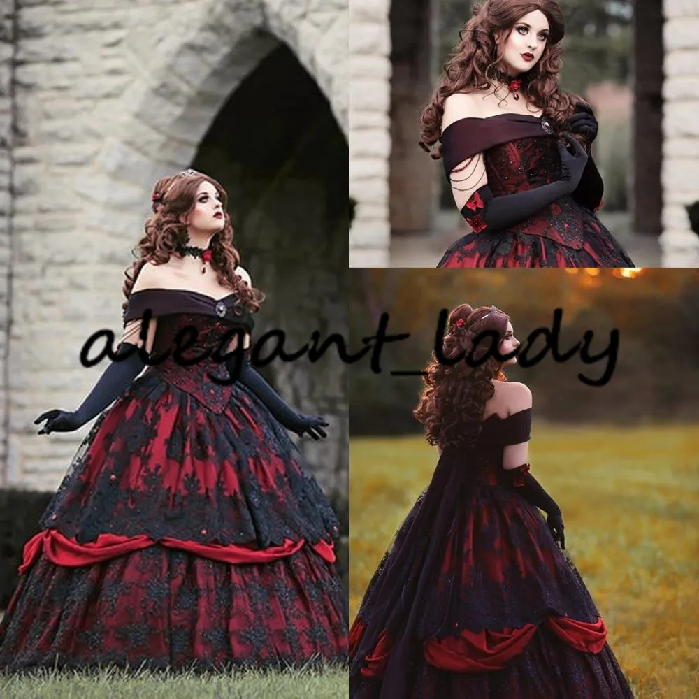 Gothic Black Wedding Dress, Lace Corset Bridal Gown: Red And Black ...