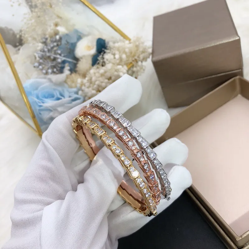 Hot Sale Fashion Lady Women Brass 18K Gold Plated Full Diamond and Smooth Spaced Diamond Snake Shape Narrow Bracelets Bangle