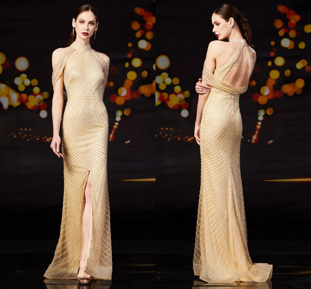 High Neck Front Slit Champagne Evening Dresses Robe Longue Luxury Crystal Sexy Mermaid Prom Dresses