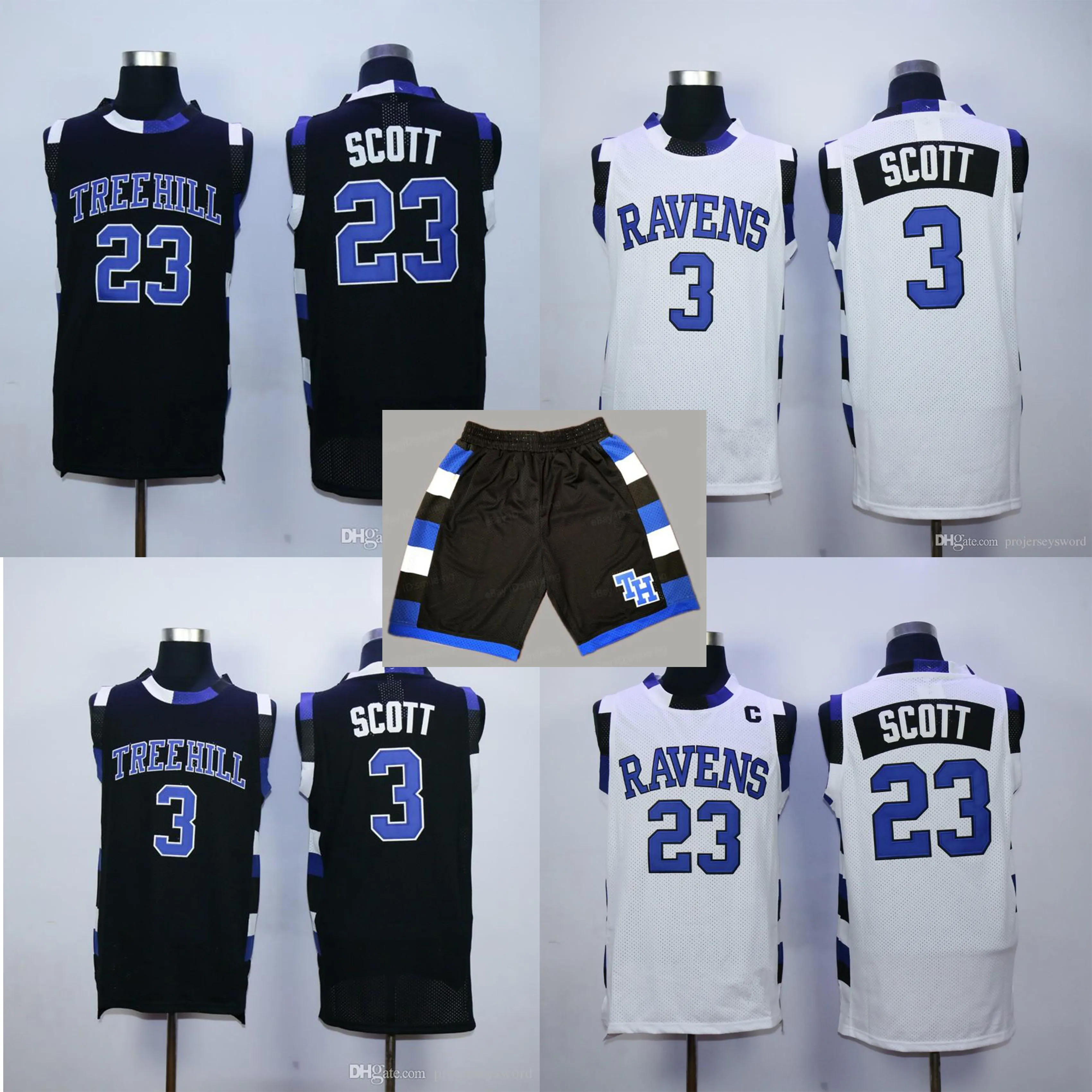 One Tree Hill Ravens #23 Nathan Scott #3 Lucas Scott Jerseys 화이트 블루 블랙 망 자수 농구 셔츠 S-XXL 저지 shoets