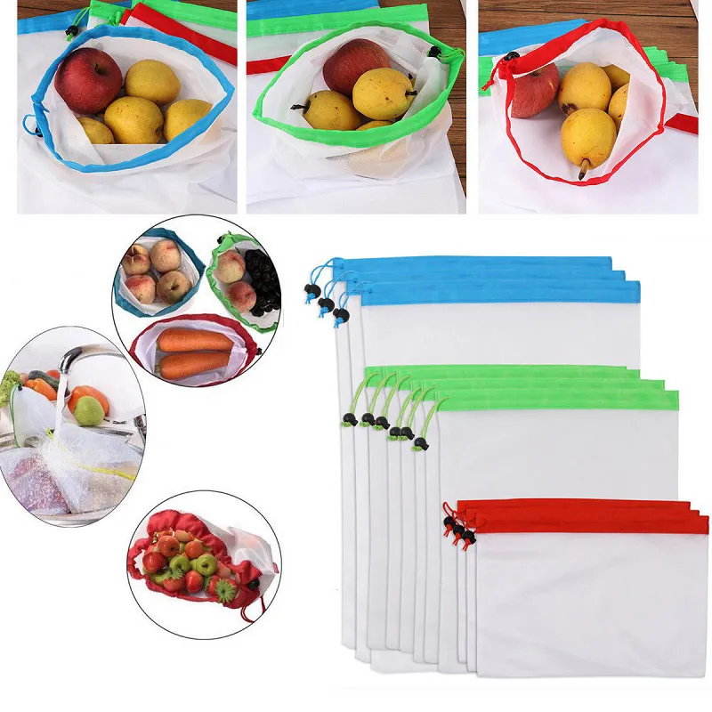 Herbruikbare mesh produceert tassen premium wasbare eco-vriendelijke tassen voor boodschappen doen opslag fruit groente en speelgoed 5pcs / set