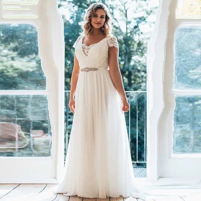 Abiti da sposa taglie forti con scollo a V manica corta in chiffon con strascico Illusion Back Beaded Sash Waist Abito da sposa estivo