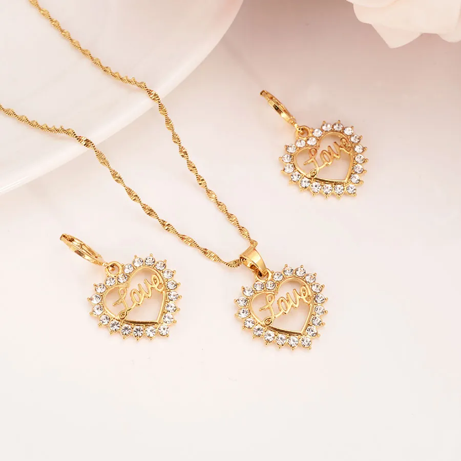 Fashion love Heart White Cz Crystal 22 K 23 K 24 K Thai Baht Fine Gold Plated Earring pendant Necklace Jewelry Sets Women