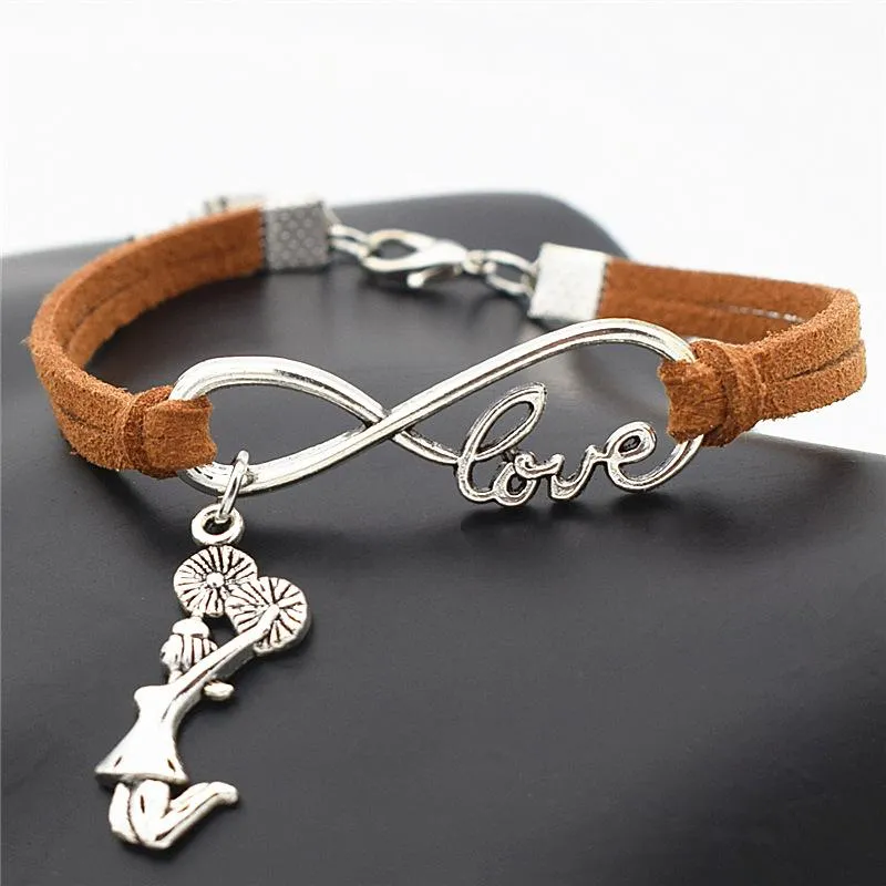 Wholesale- Antique Silver Infinity Love Cheerleader Cheer Girls Charms Leather Wrap Bracelet Cheer Team Cheering Unique Bracelets for Women