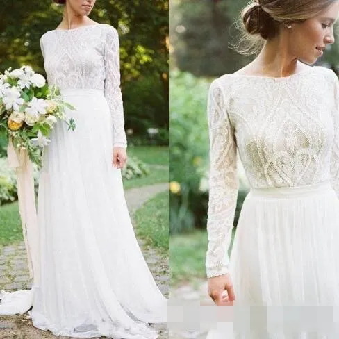 2019 Bohomian A Line Wedding Dresses Long Sleeves Bateau Neckline Lace Applique Chiffon Beach Wedding Bridal Gown vestido de novia