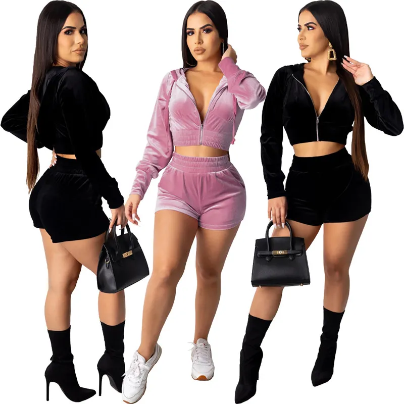 Moda feminina veludo com capuz casaco colheita superior + shorts 2 peças conjunto manga longa jaqueta com zíper + shorts casual outono inverno roupas roupas 2361