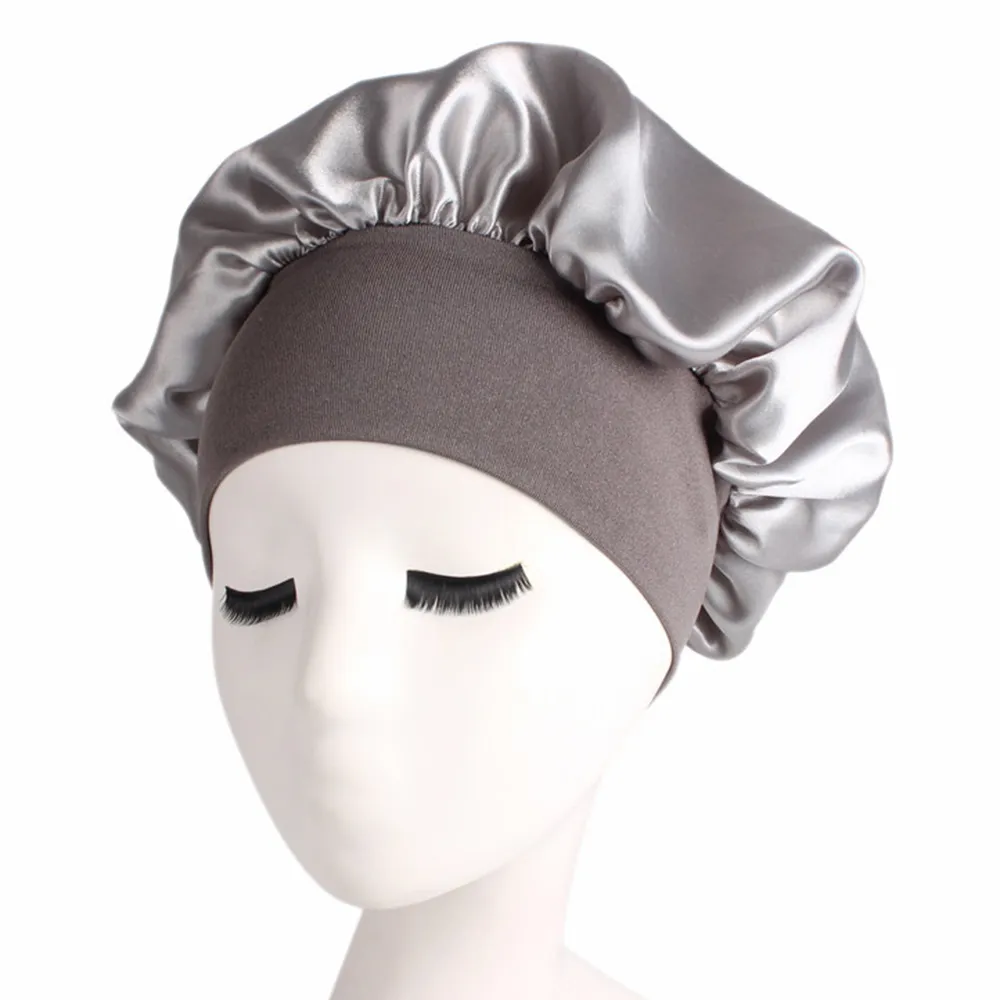 58cm couleur unie soins des cheveux longs femmes Satin Bonnet casquette nuit sommeil chapeau soie tête enveloppement ajuster bonnets de douche