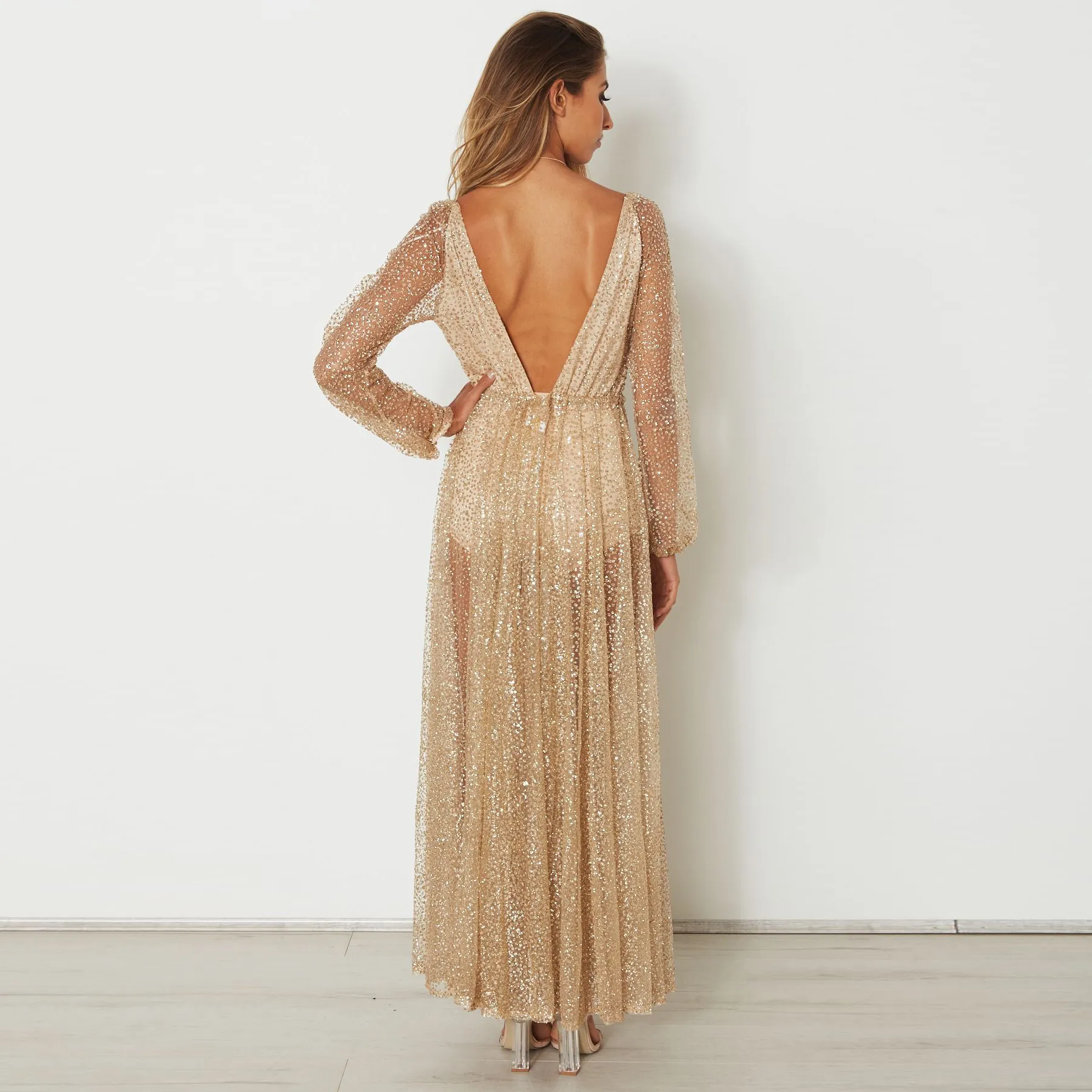 chinese dress ladies Deanna Long Sleeve Diamante Maxi Dress / Gold | Meshki
