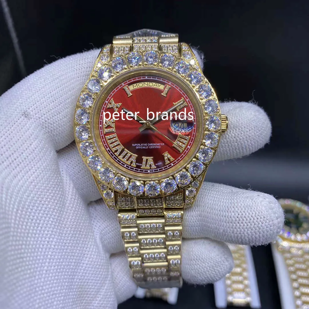 Мужские зубные наборы часы полные со льдом алмазное наручные часы золотые нержавеющие сталь красное лицо алмаз ремешок автоматические механические часы