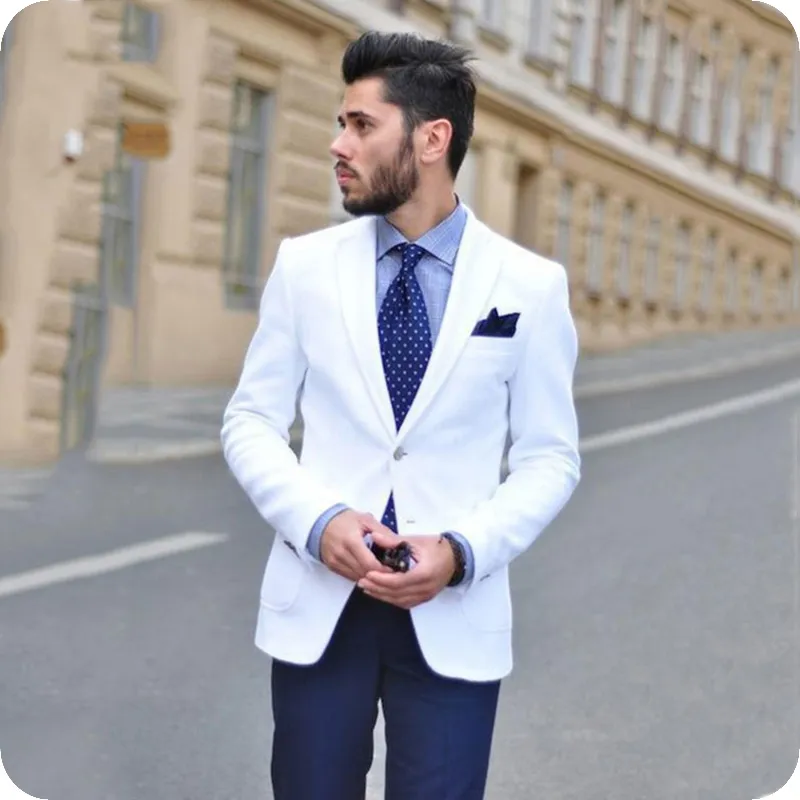 Blazer Branco Homens Ternos Para Noivos Do Casamento Noivo Slim Fit Casuais Noivo Vestidos De Baile Vestidos Smoking Custom Made Melhor Homem Jaqueta + Azul Royal