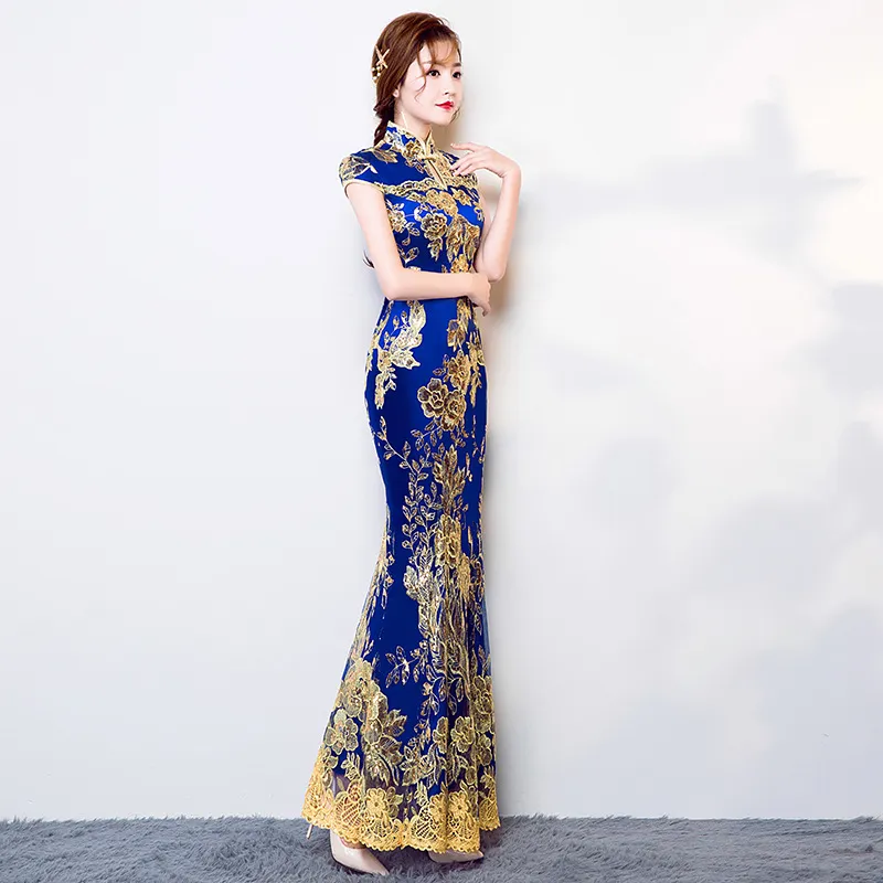 Ny kinesisk traditionell klänning Kvinnors Slim Cheongsam Broderi Sequins Modern Oriental Long Qipao Evening Dresses