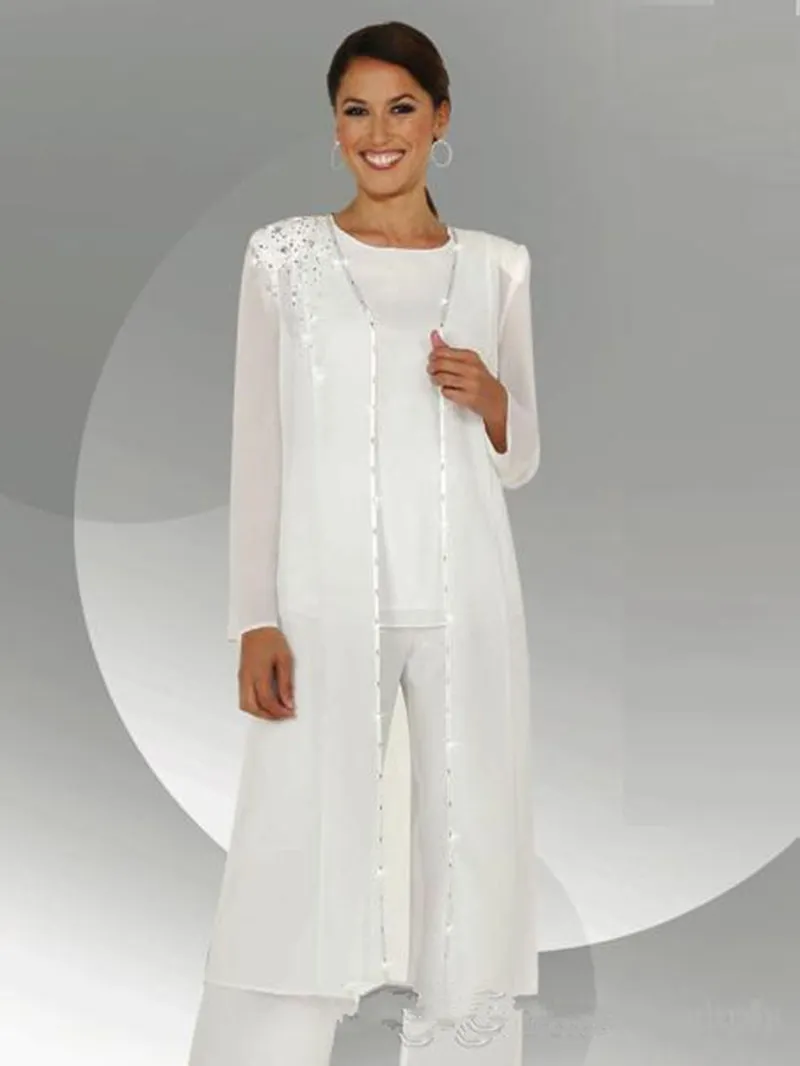 New Branco Chiffon mangas compridas Mãe da noiva Pant ternos com blusa longa Sequins Beaded Mãe do noivo Pant Suit