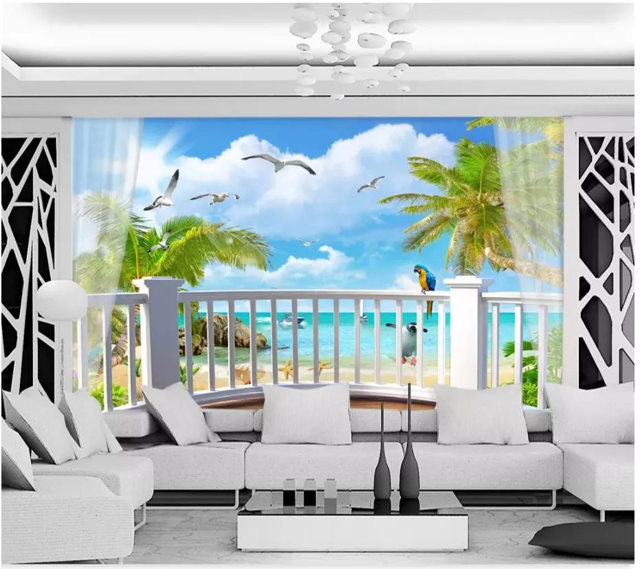 Papel tapiz 3D foto personalizado murales de pared 3d papel tapiz junto al mar árbol de coco cielo azul nubes blancas balcón mediterráneo fondo pared