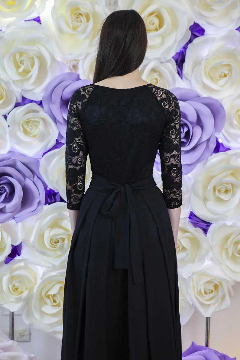 princess polly baby blue dress Black Lace Chiffon A-line Long Modest Bridesmaid Dress with 3/4 Illusion  Sleeves and Jewel Neck from Dhgate Bridesmaid Dress
