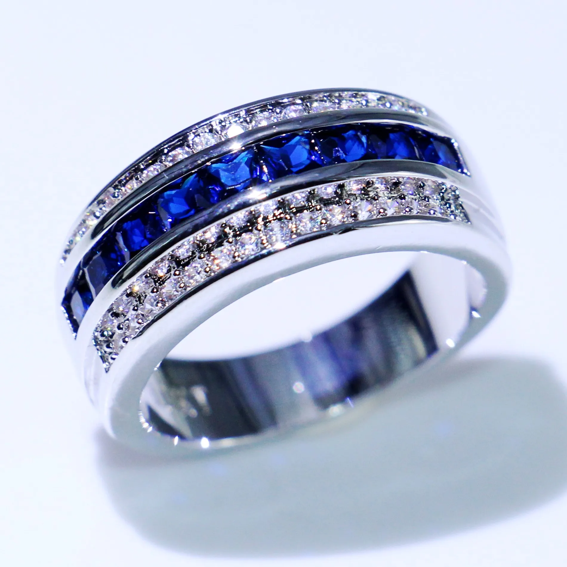 Choucong New Arrival Hot Sale Fashion Jewelry 10KT White Gold Fill Princess Cut Blue Sapphire CZ Diamond Men Wedding Band Ring For Lover