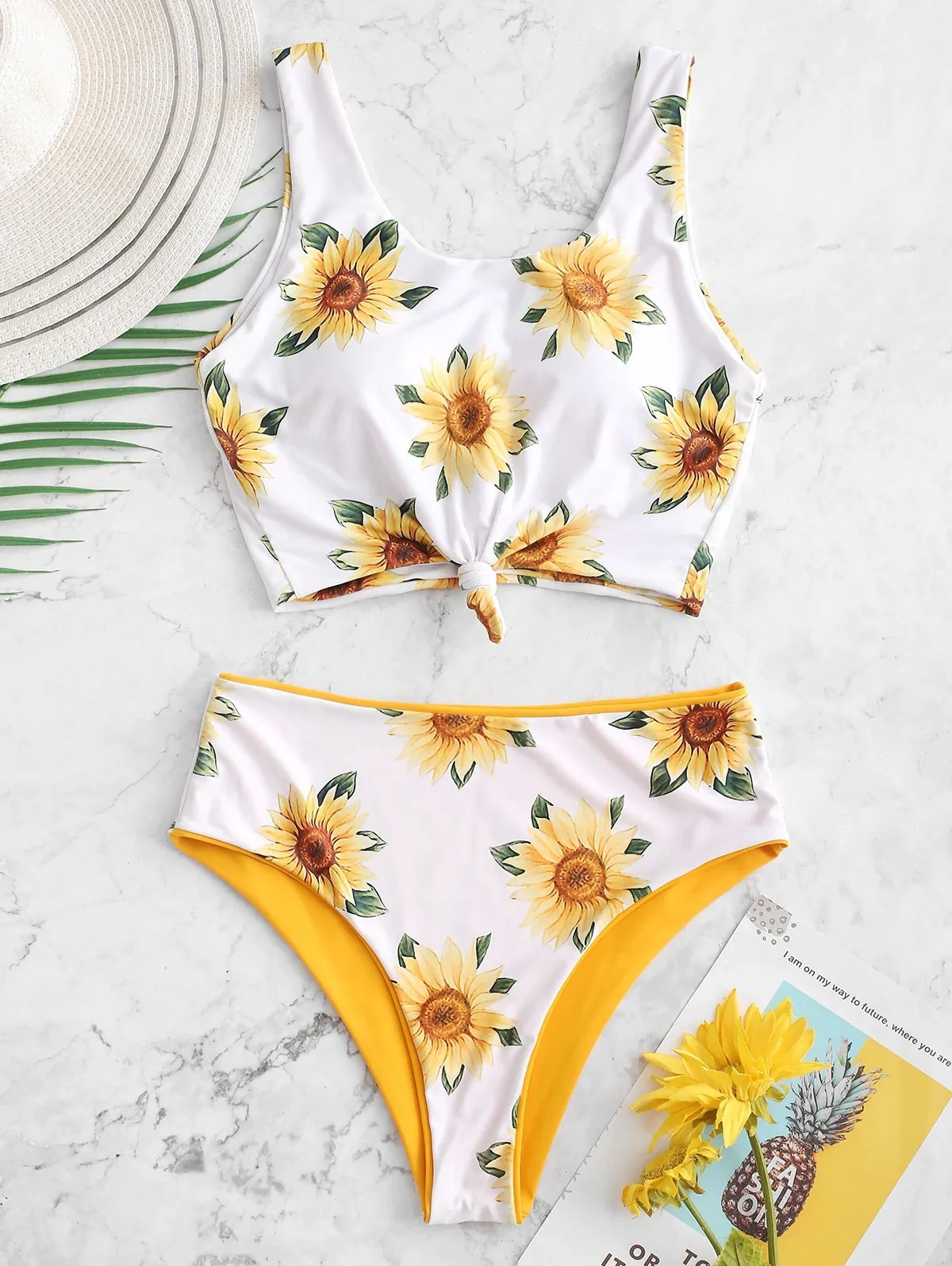Sunflower Print Bikini Set Swimwear Women Knotted Bikinis Push Up Padded  Two Sides Swimsuit Bathing Suit Reversable Bikinis 2020