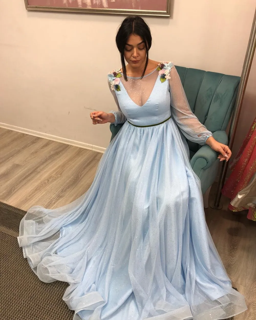 Light blue long deals sleeve prom dress