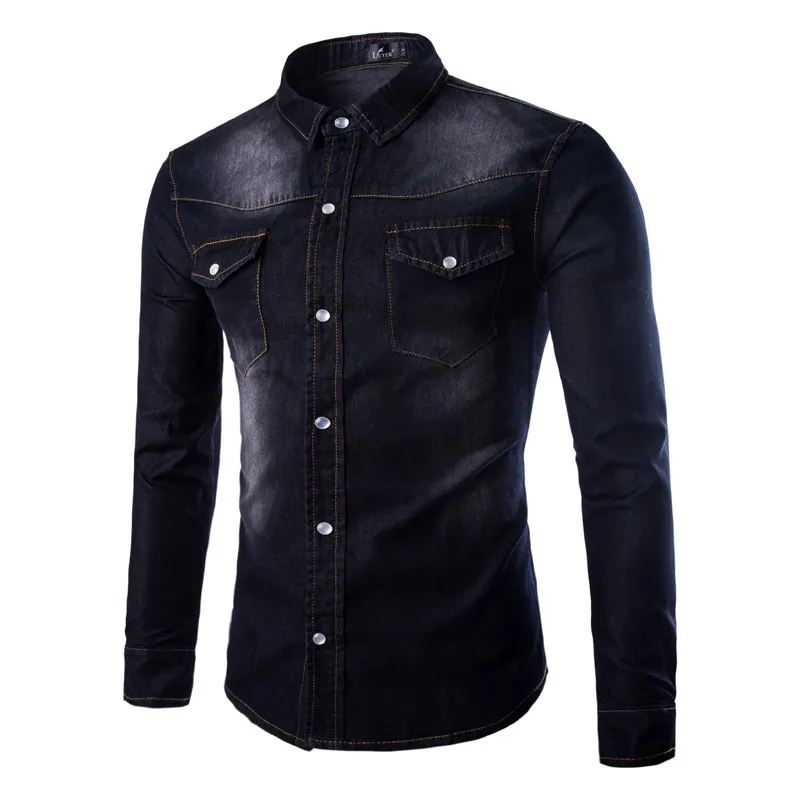 New double pocket sales solid denim shirts
