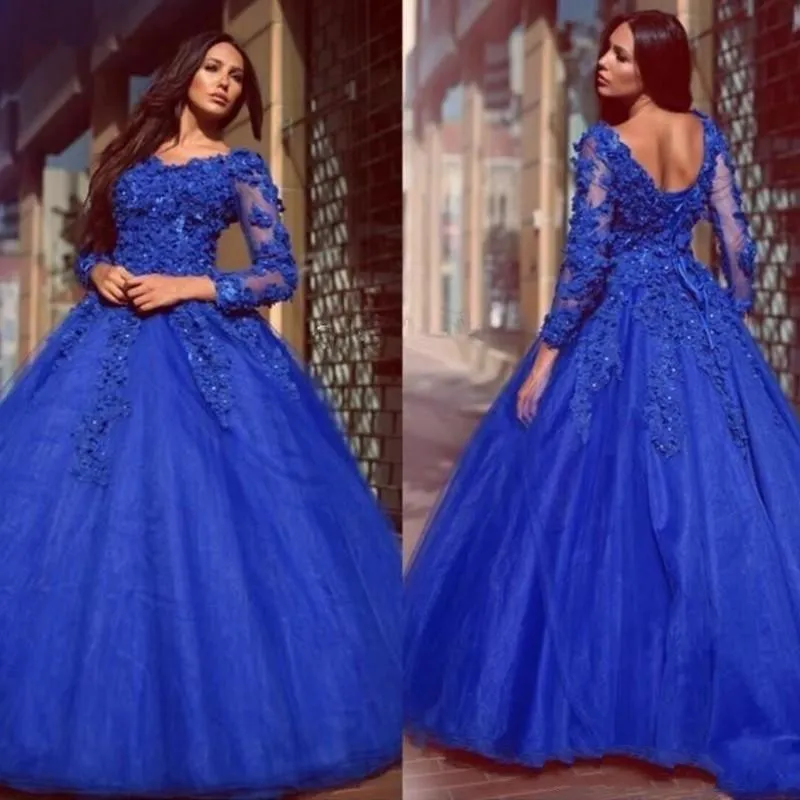 2020 Royal Blue Illusion Manga Longa Quinceanera Vestidos 3D Flores Applique Lace Frisado V-Neck Prom Sweet 16 Vestido Graduação Vestidos de