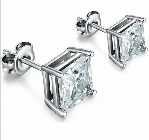 Orecchini a bottone in argento sterling 925 Princes Square Cut Cz con chiusura a vite rodiato