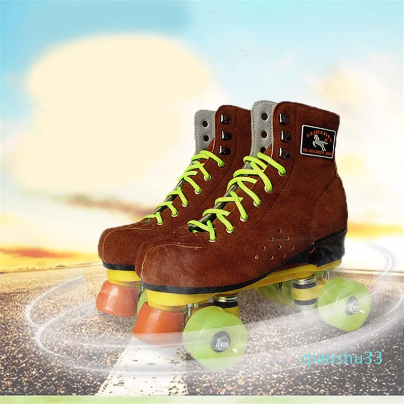 도매 핫 새로운 성인 신발을 소 가죽 쿼드 롤러 스케이트 부츠 갈색 온라인 쇼핑 스케이팅 더블 라인