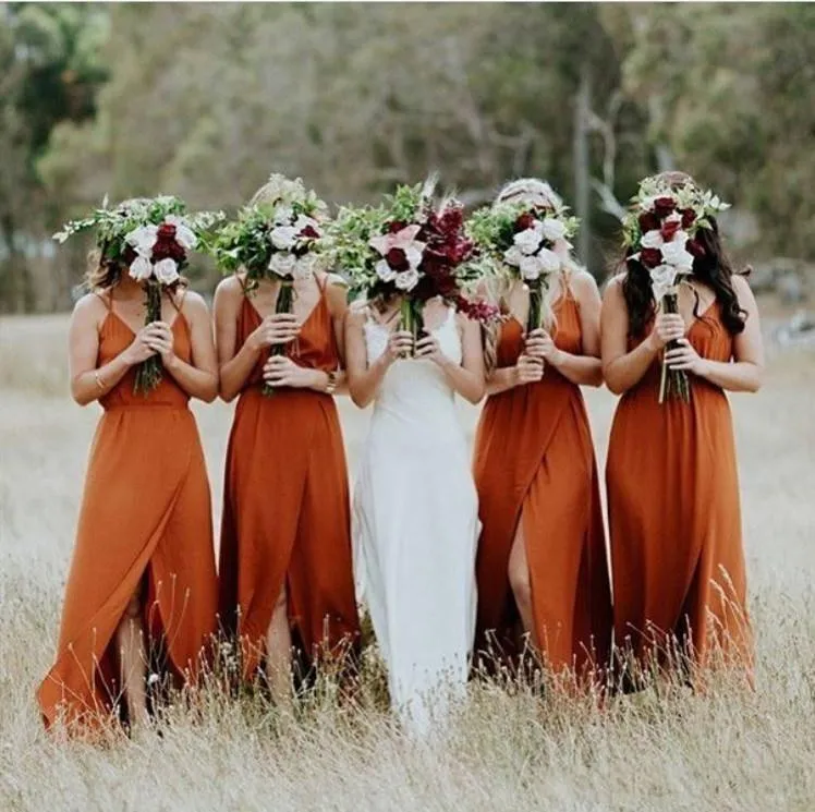 red country bridesmaid dresses Rust Red A-line V-neck Simple Long Bridesmaid Dresses – ClaireBridal main image 0