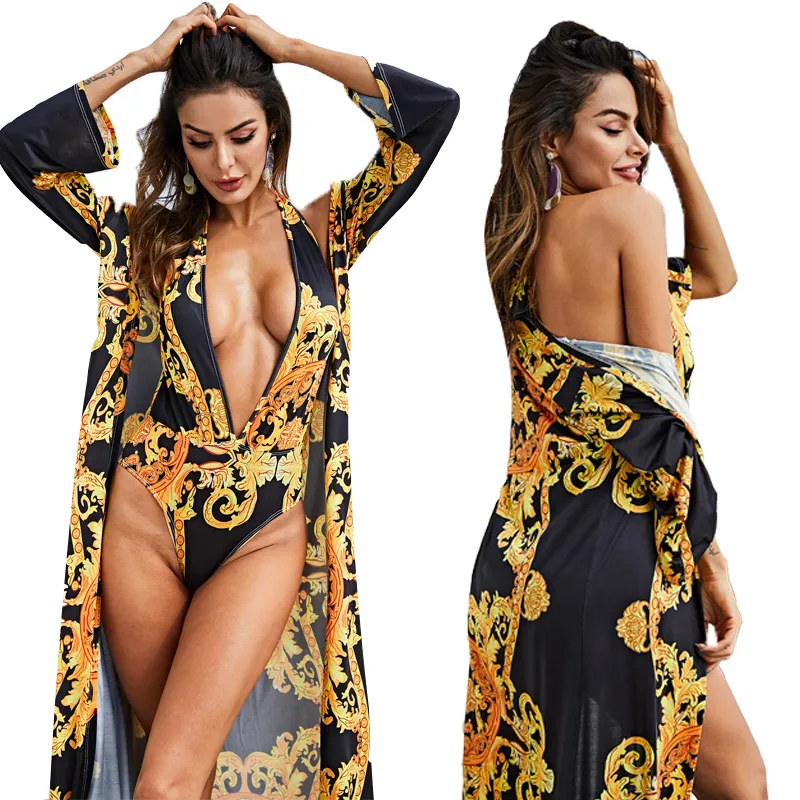 Sexy Printing Long Sleeve Cover up women s designer bathing suit Two Piece Set One Piece v neck Swimsuit sexy swimwear