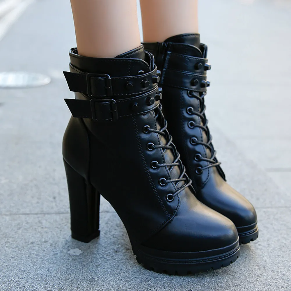 As mulheres botas de tornozelo botas para as mulheres Lace Up Square Heel Winter Shoes Casual Super High Heal Botas