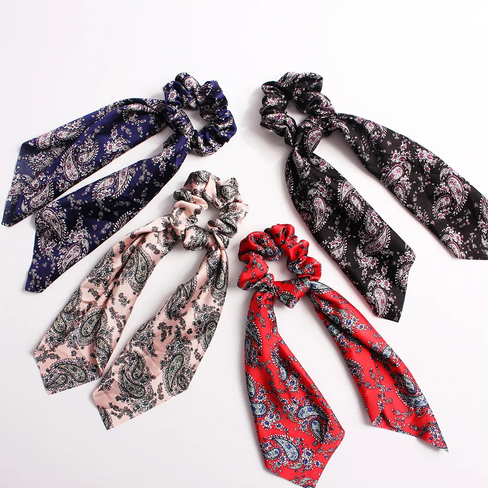 Floral Print Scrunchie Kvinnor Hår Scarf Elastisk Bohemian Hårband Bow Hair Gummi Toppar Tjejer Ties Tillbehör