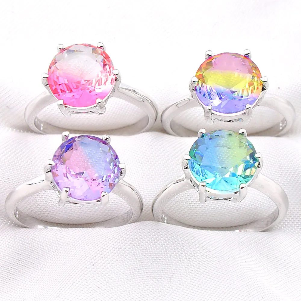 Luckyshine 10pcs lot 925 Sterling Silver Plated Round Bi colored Tourmaline Gems Colorful Cz For Women Ring Gift Party Holiday Jewelry Ring