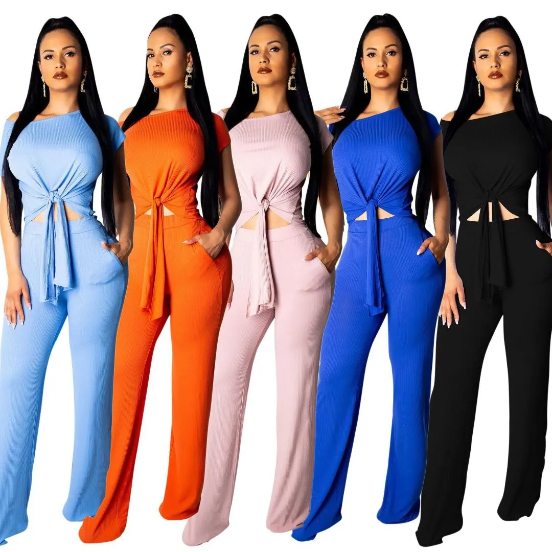 vrouwen 2 stuk outfits casual strikje tops + wide poot broek sexy nachtclub dameskleding casual kleding matching sets 2019 nieuws