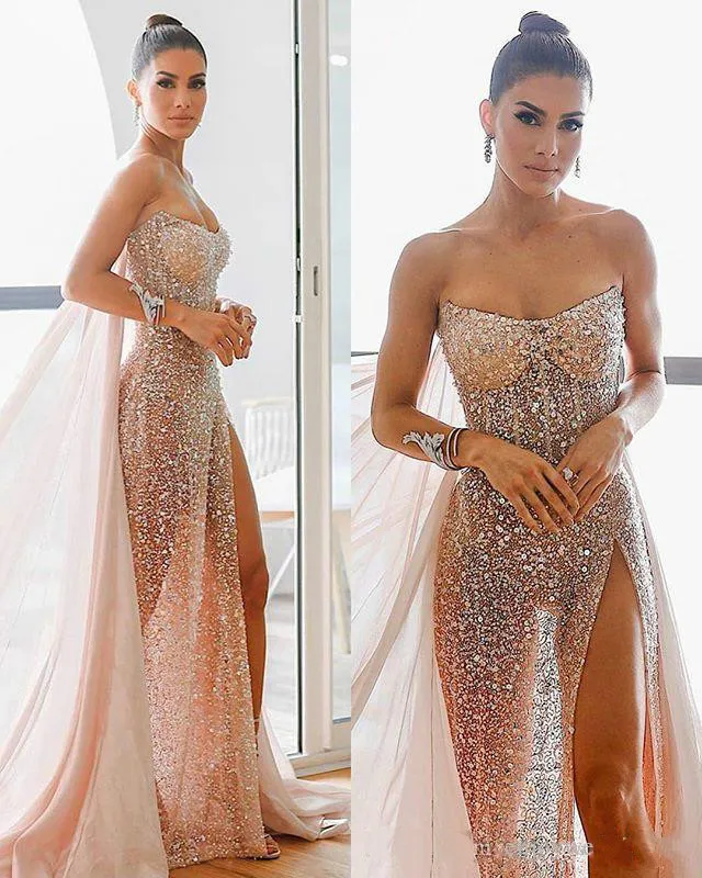 Luxe Lovertjes Beaded Avondjurken Strapless Hoge Splitse Illusion Mermaid Prom Dress Custom Made Sweep Train Cocktail Feestjurken