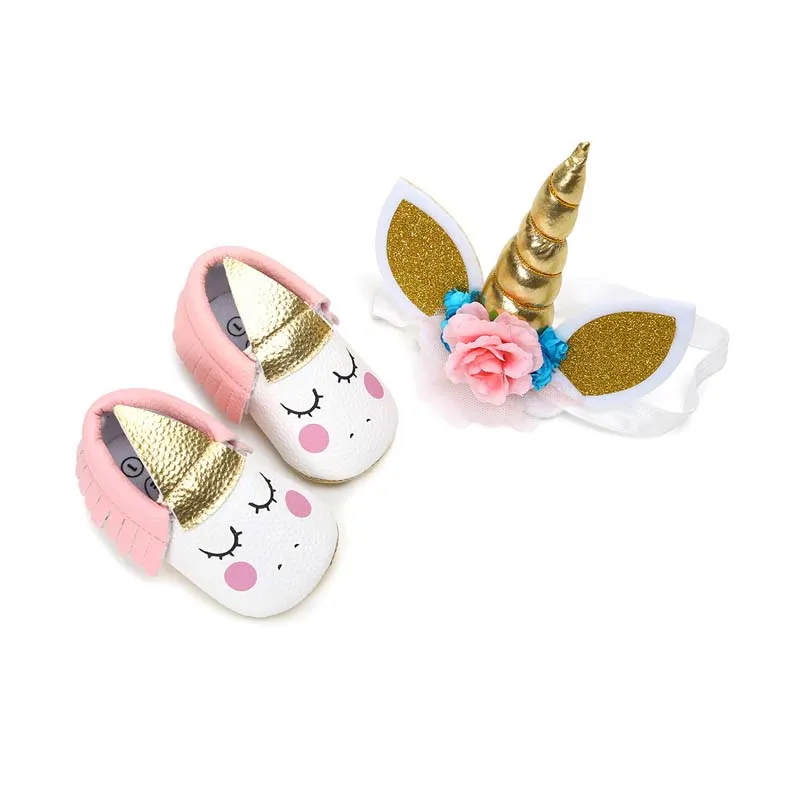 Unicorn First Walkers baby girl shoes newborn +Unicorn hair band 2pcs Moccasins Soft Infant Walker Shoe A2388