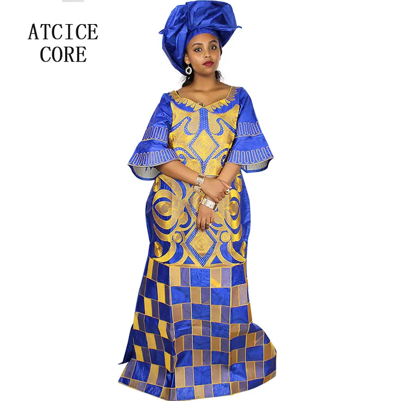 Африканская этническая одежда для женского дизайна одежды для женщин Новое африканское базиновое вышивание длинное платье с шарфом Two Pcs One Set A023#