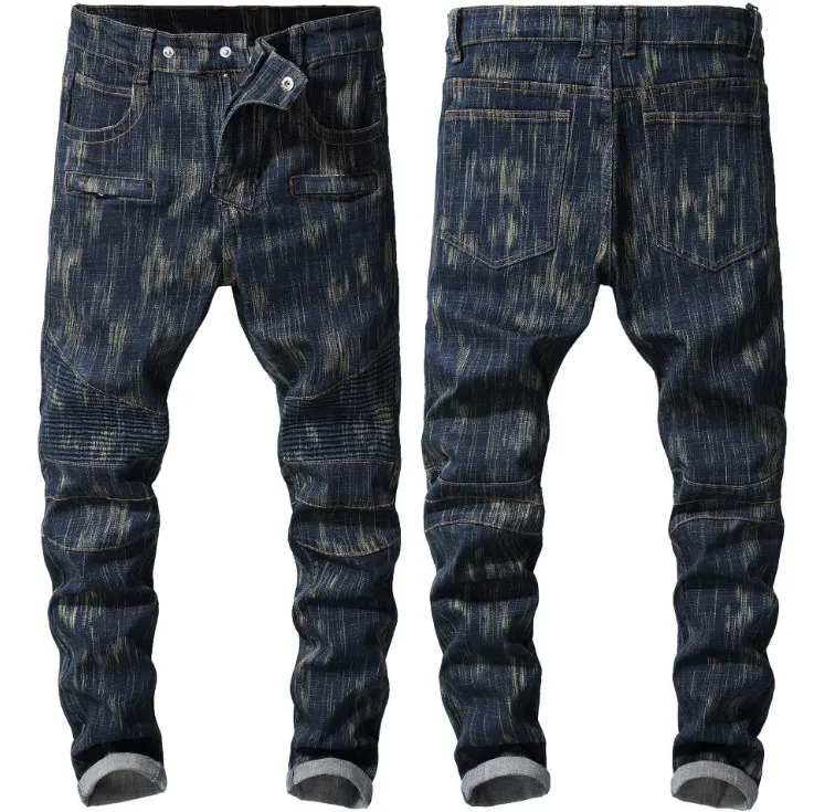 Mäns Jeans Biker Distressed Denim Trousers Slim Fit Stretch Jogger för Man Full Length Mens