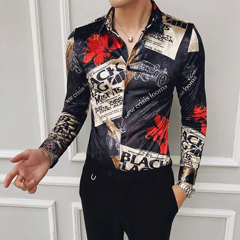 Mode 2019 hommes chemise à fleurs automne hiver or velours à manches longues chemises hommes Slim Fit décontracté bal smoking robe Blouse 4XL