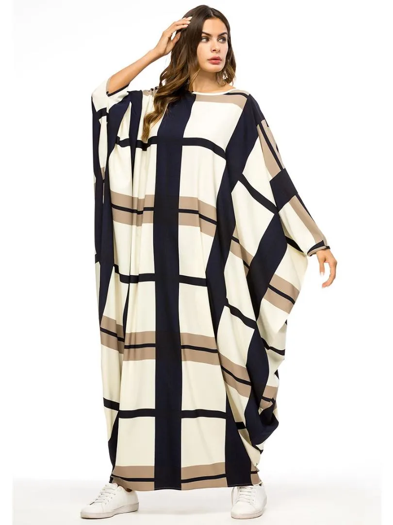Casual Bat Sleeve Maxi Dress Imprimer Plaid Musulman Abaya Kimono Robe Longue Robes Jubah Ramadan Moyen-Orient Prière Islamique Clothing188i