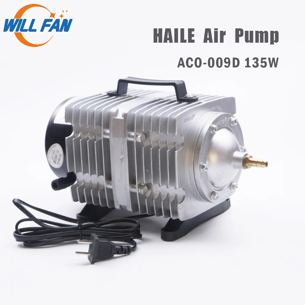 Kommer fläkt Hailea Air Pump ACO-009D 135W elektrisk magnetisk luftkompressor för laserskärmaskin 125L Min syrepump Fisk242A