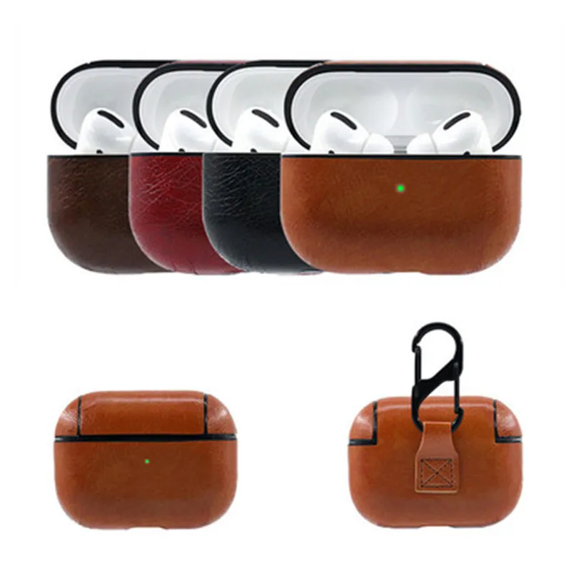 Étui en cuir PU pour Apple Airpods Pro Housse de mode pour Air Pods 3 Casque Earpods Écouteurs Crochet anti-perte Pochette de protection antichoc