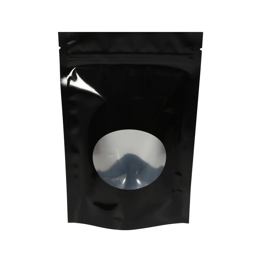 Différentes tailles 100pc brillant noir aluminium papier Mylar sacs d'emballage avec fenêtre ovale tenir debout fermeture éclair sacs de stockage des aliments313k