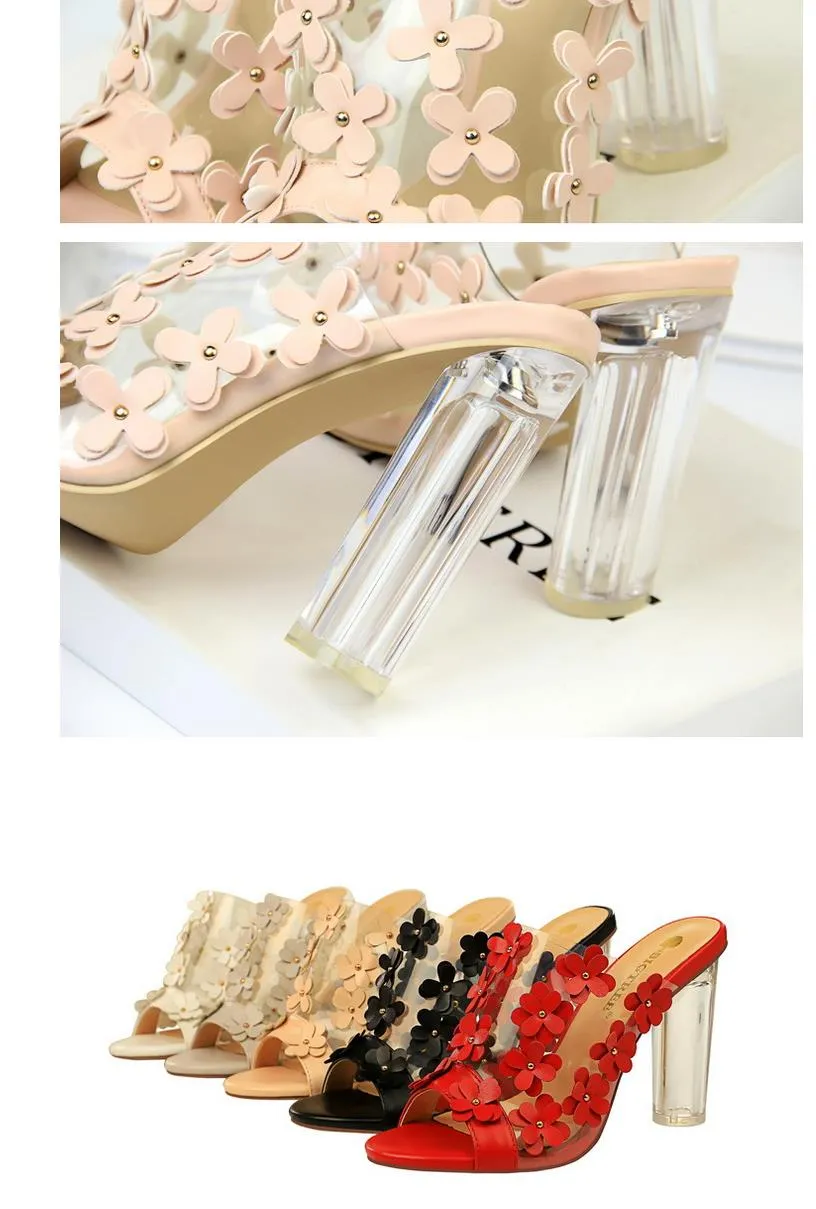 Plus size 35 to 42 43 white flower transparent clear block heel mules women designer sandals