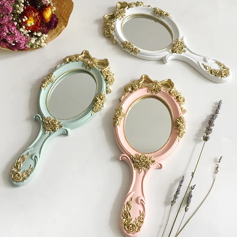 1pcs Cute Creative Wooden Vintage Hand Mirrors Makeup Vanity Mirror Rectangle Hand Hold Cosmetic Mirror with Handle for Gifts