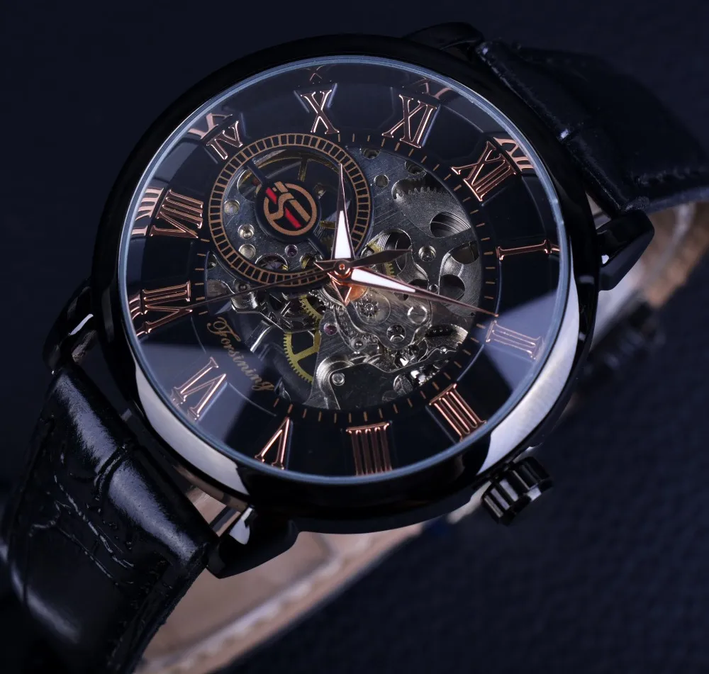 Zrezygnowanie czarnego ramki czerwony rzymski wyświetlacz puste zegarki grawerowania mężczyzn Top marka luksusowy mechaniczny szkielet zegar zegarowy
