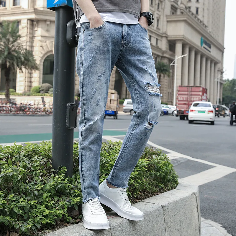 남자 청바지 좋은 구멍 마른 남자 슬림 피트 바지 한국 패션 성격 조수 전체 길이 XL 영국 스타일