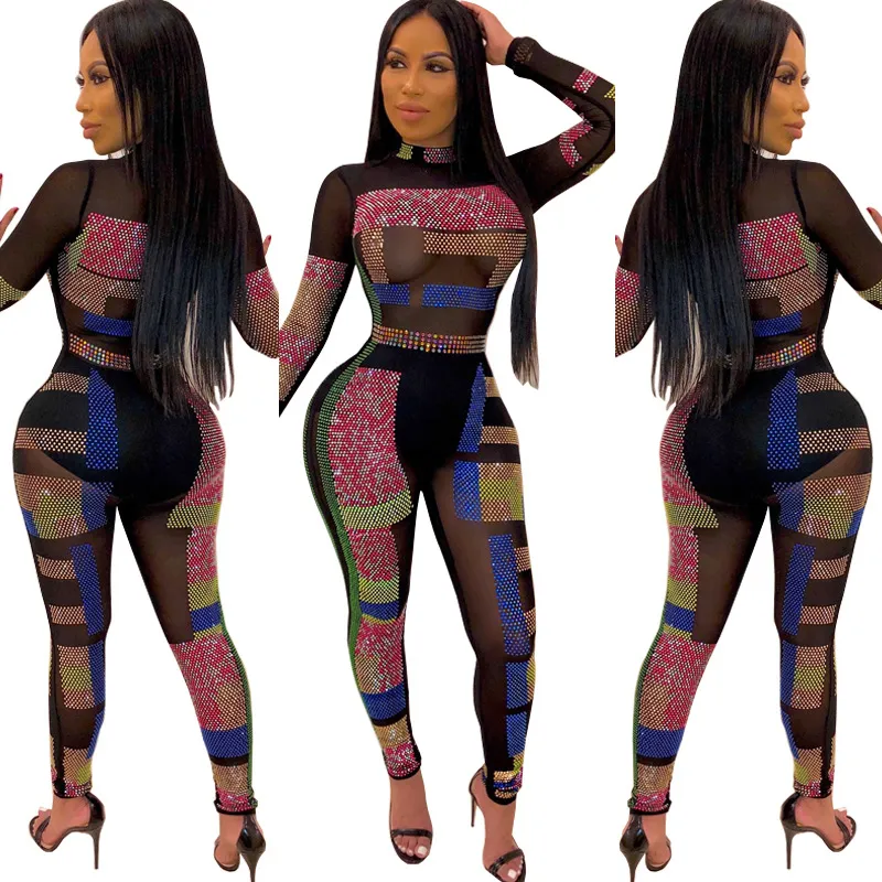 Rhinestone Mesh Patchwork Zip Up Bodycon Jumpsuits