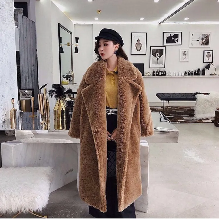 Kvinnor Faux Fur Coat Teddy Bear Brown Fleece Jackor Ytterkläder Fuzzy Jacket Tjock överrock Varm Long Parka Shearling Overcoat Ljja2683-1