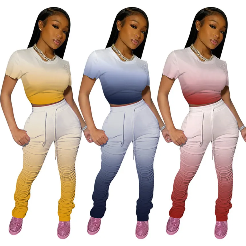 Femmes dégradé rampe survêtement couleur unie 2 pièces ensemble t-shirt à manches courtes + leggings drsigner vêtements d'été sport costume de course 2859